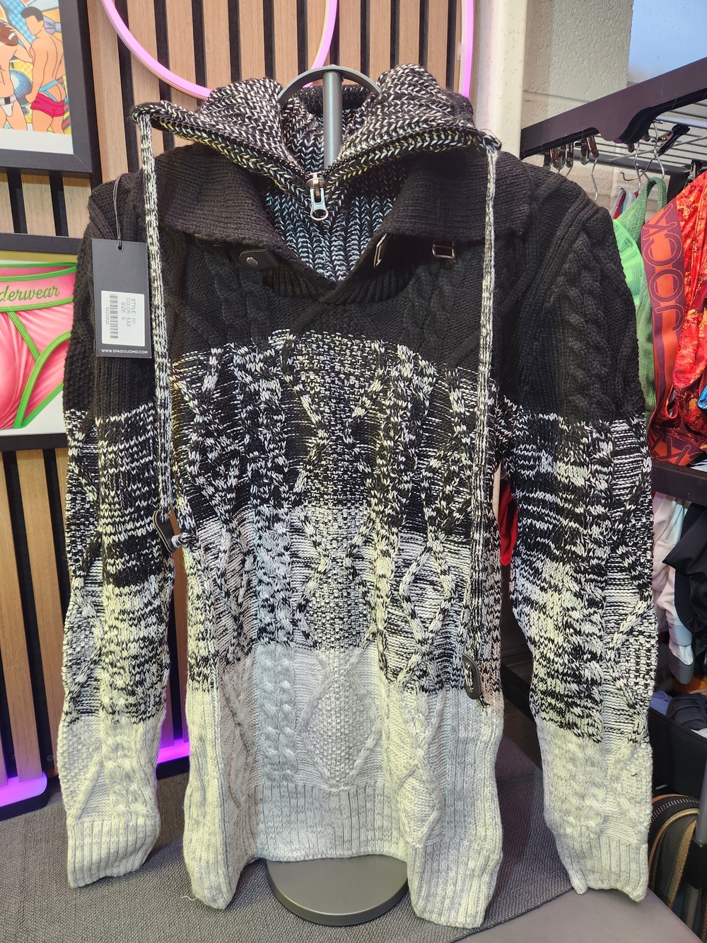 Men's Black & White Zip-Up Cable Knit Pullover Sweater